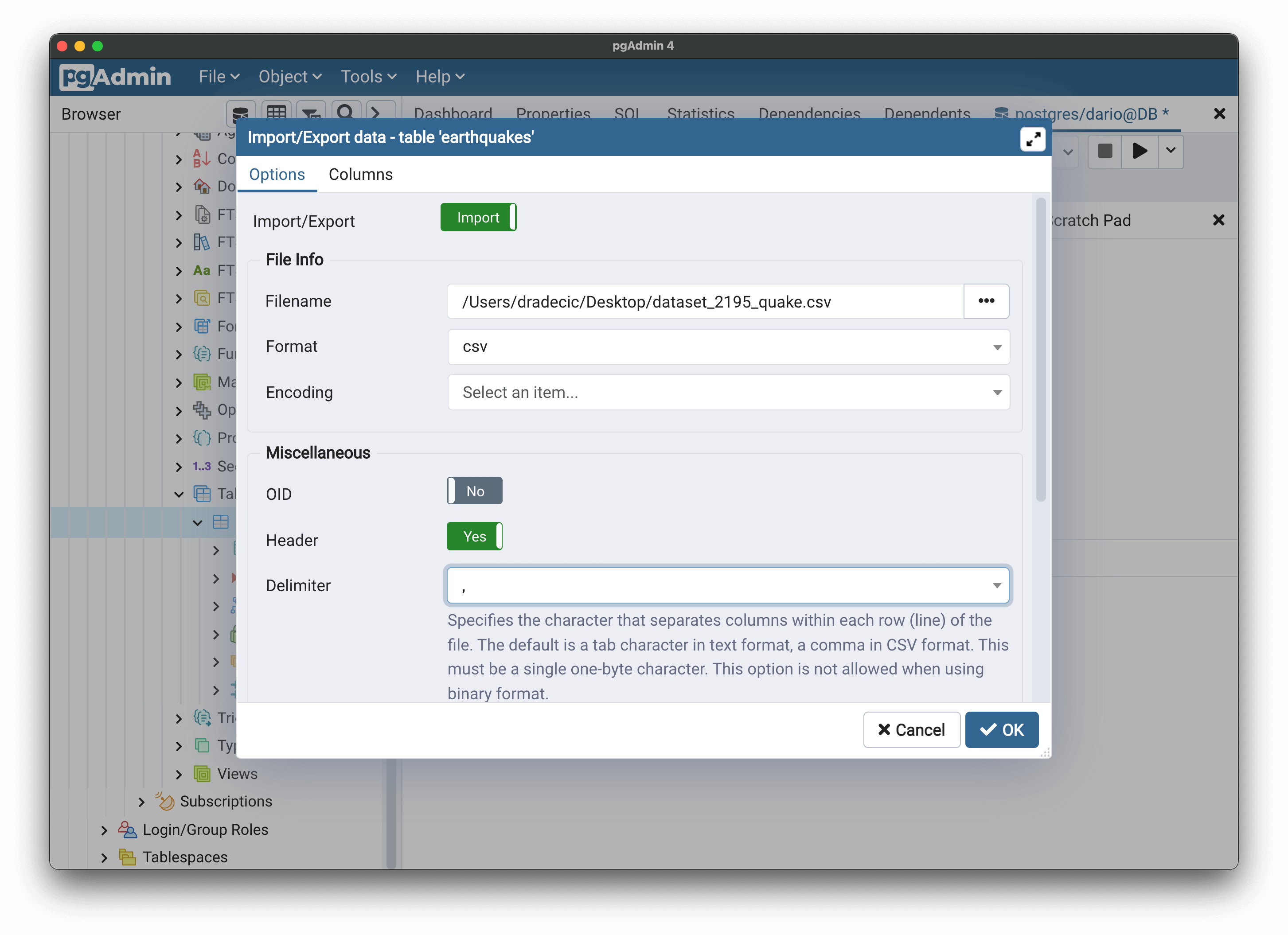 Image 3 - Importing CSV file into Postgres database (2)